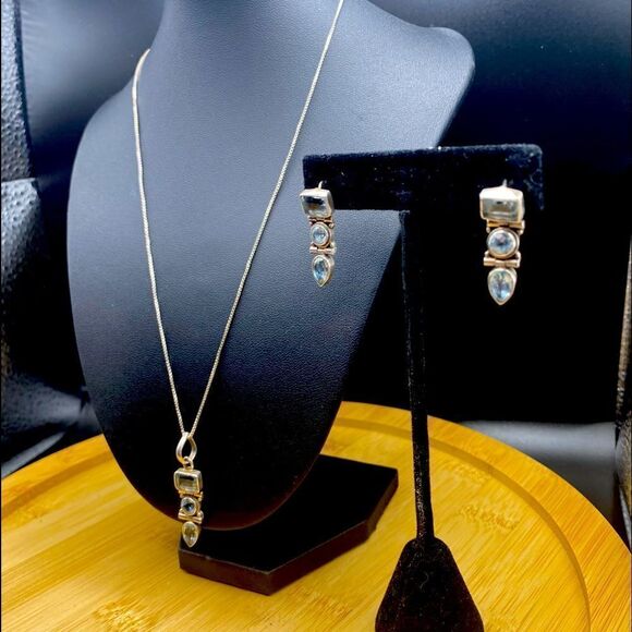 925 silver 17” box chain with dangling pendant w/matching earrings.  Details👇🏻 - Picture 2 of 7